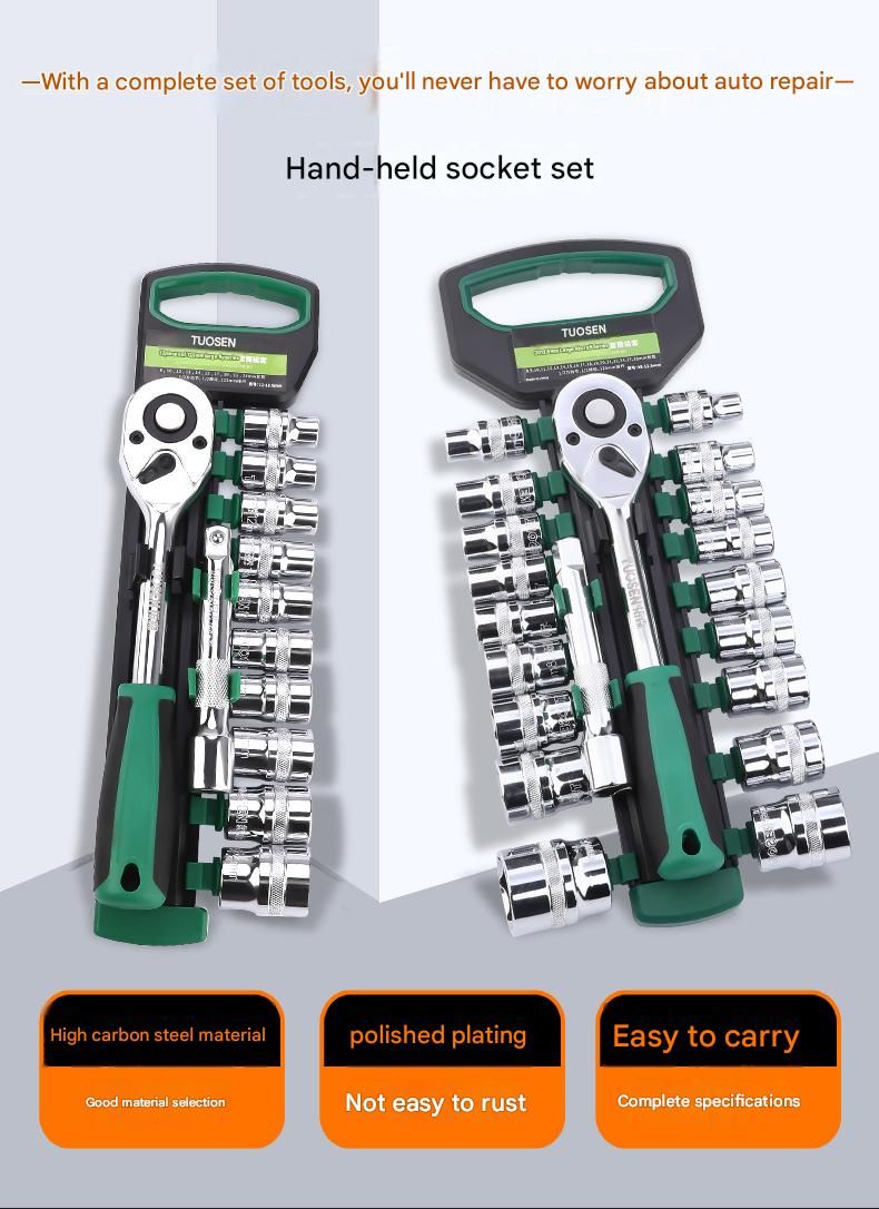 Green 14-Piece 1/4-Inch Drive 24-Tooth Ratchet & Socket Set — High-Carbon Steel, Mirror-Polished Socket Wrench Tool Kit — Automotive Repair Tool Set with — image 3