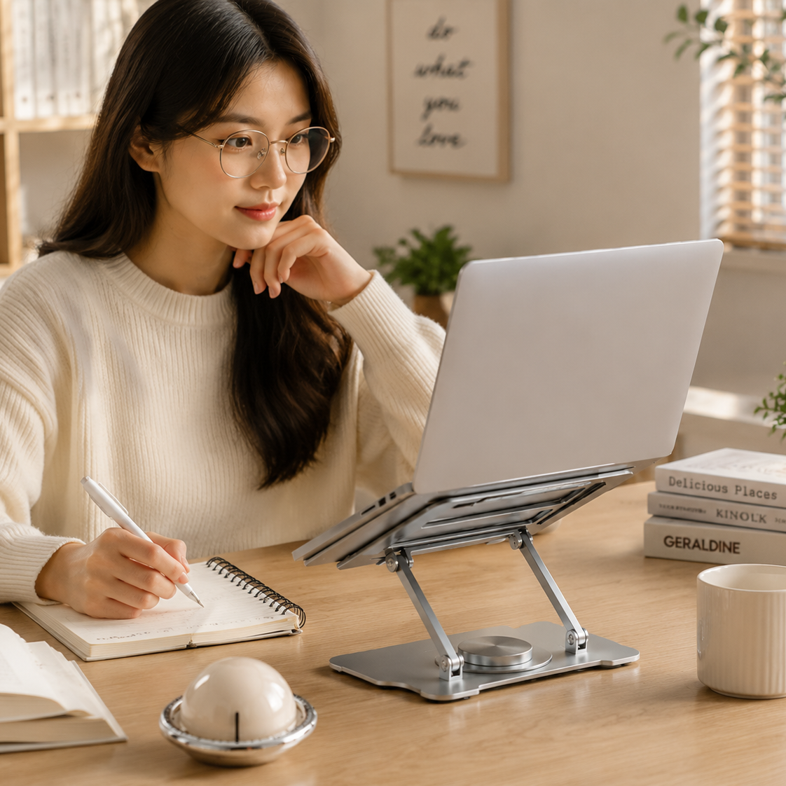 360° Rotating Laptop Stand(Silver) & Magnetic Mechanical Timer(Beige) Set - Ergonomic Cooling Desk Organizer for Study, Cooking & Productivity — image 3