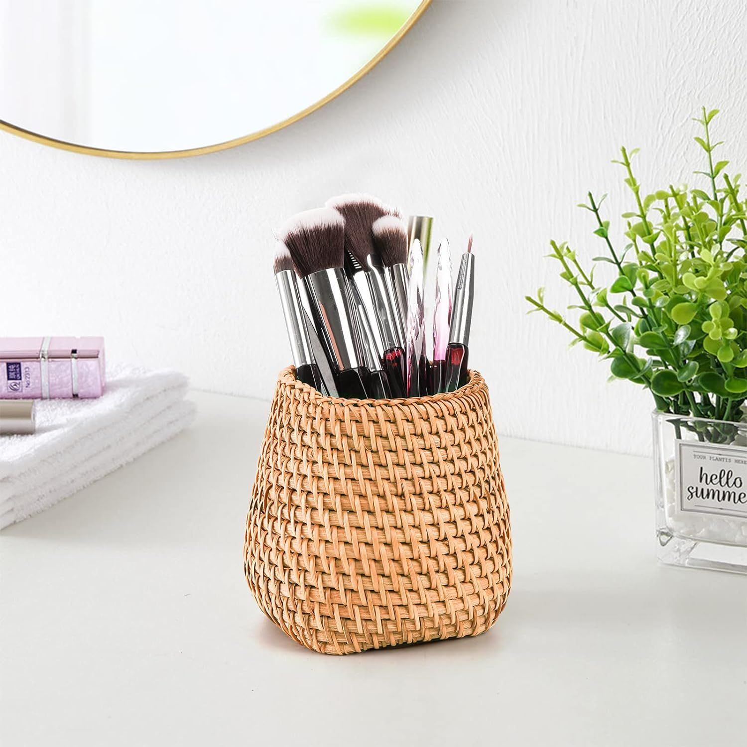 Set of 2 Rattan Pencil Holder for Desk, Handmade Pen Cup Container Woven Makeup Brush Holder, Desk Organizer for Stationery — image 4