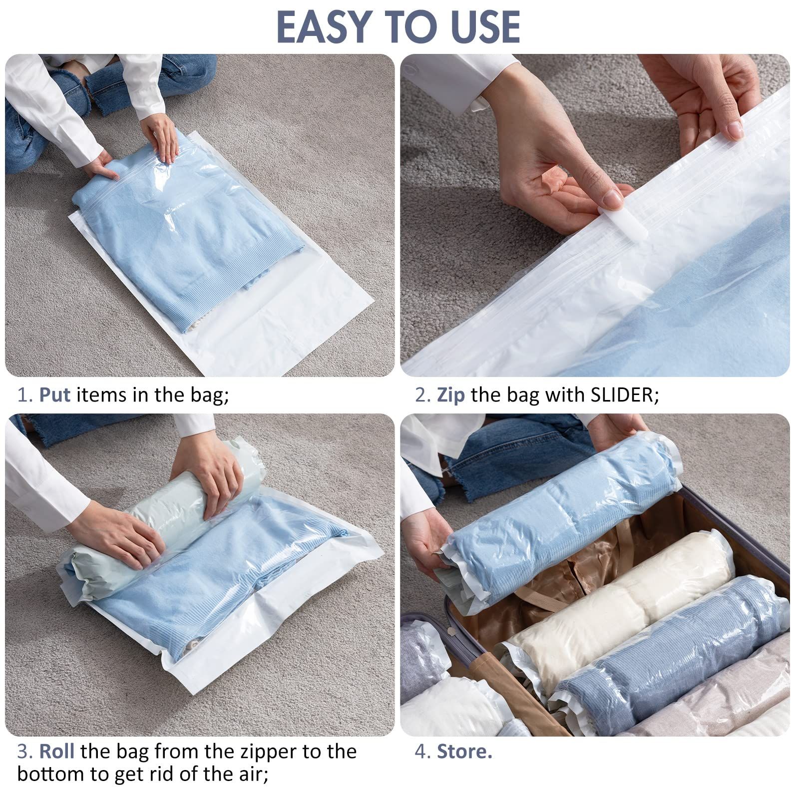 10pc Travel Compression Bags, Roll Up Space Saver Bags, No Vacuum Needed Reusable Packing Bags for Luggage, Suitcase — image 4