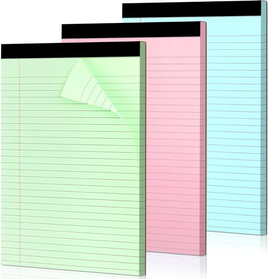 Coloured notepads, set of 3 writing pads 29.5 x 21.4 cm, with micro-perforation and sturdy back, broad lines, 50 sheets per pad, ideal for school, university
