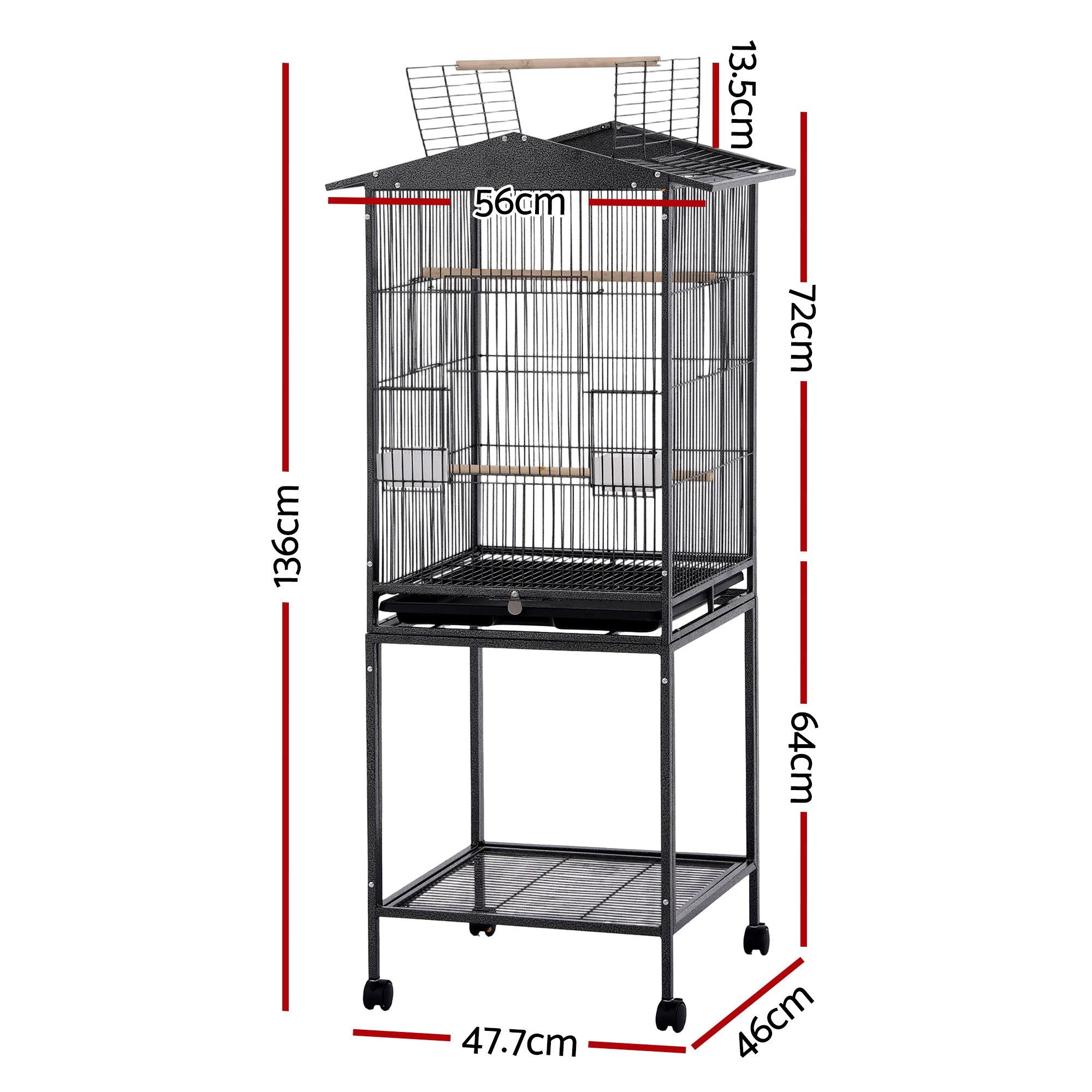 i.Pet 136cm Bird Cage Aviary Open Top Parrot Budgie Stand Wheels Black — image 3