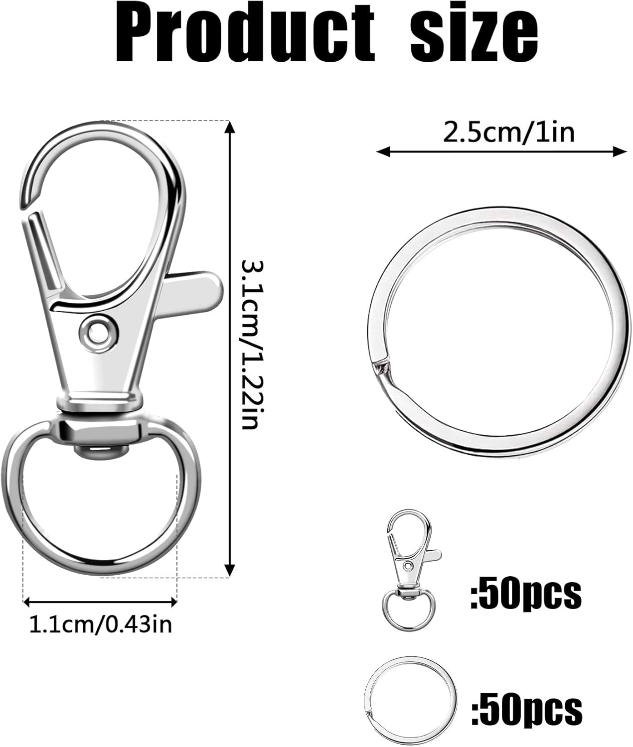 100PCS Swivel Snap Hooks with Key Rings, 50Pcs Key Chain Clip Hooks and 50Pcs Key Rings, Lanyard Lobster Claw Clasps for Keychains Jewelry Art Crafts (Silver) โ image 2