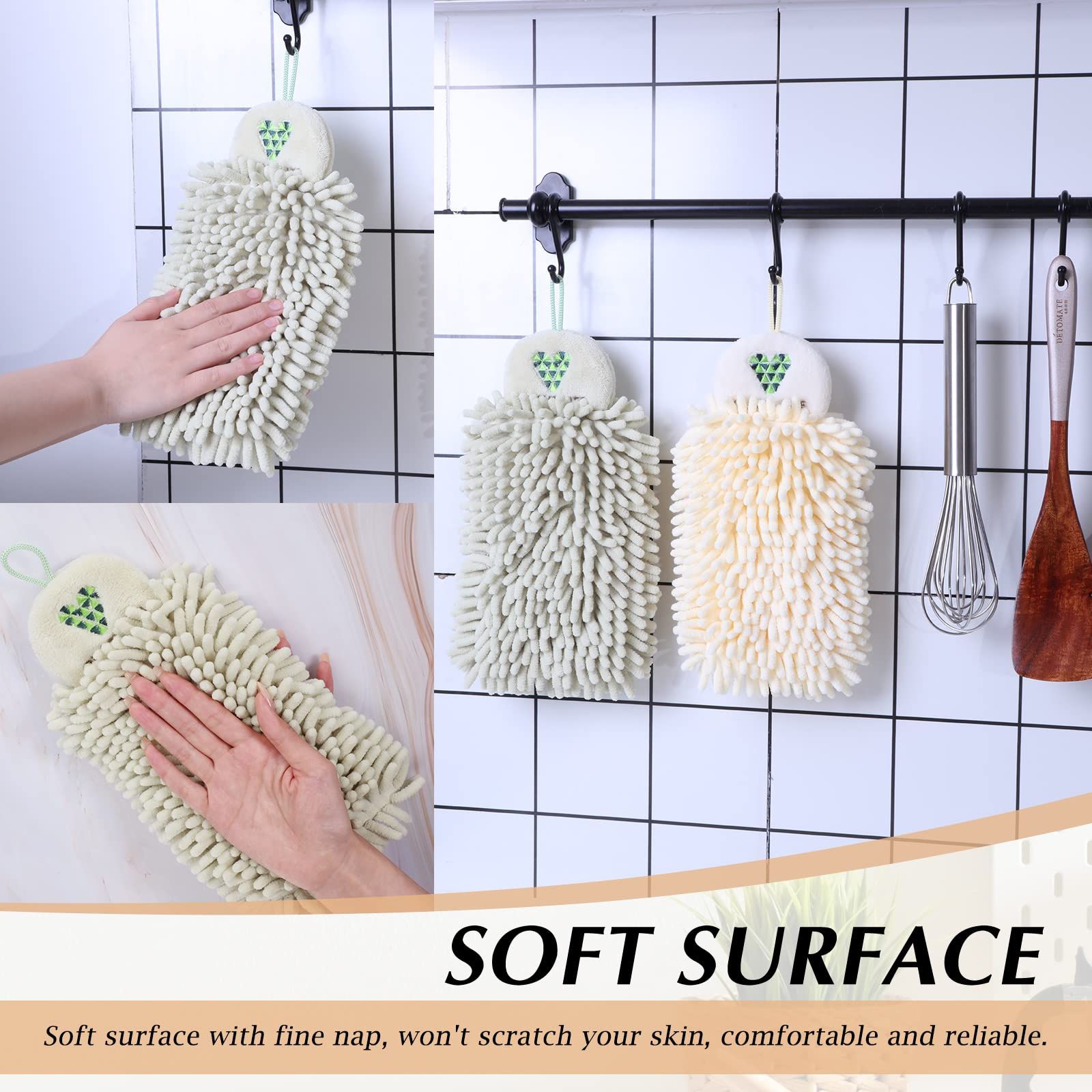 2 Pcs Towels Hanging Fuzzy Ball Hand Towels Chenille Hand Towels for Bathroom Hand Towels with Hanging Loops Beige and Light Green โ image 5