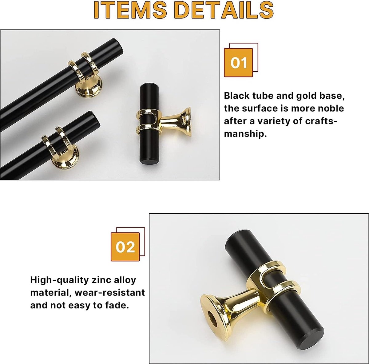 Cabinet Knobs - Drawer Knobs and Handles - 2 Pieces - Black and Gold, Single-Drill Design - Zinc Alloy - Suitable for Kitchen, Dressing Table, and — image 3