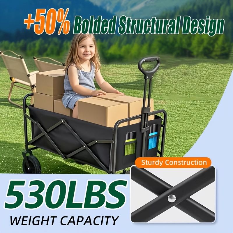 250KG Load Capacity 300L Large Capacity Heavy Duty Foldable Beach Car - All-Terrain Foldable Multi-Functional Handcart with Large Wheels, Side Pockets and — image 5