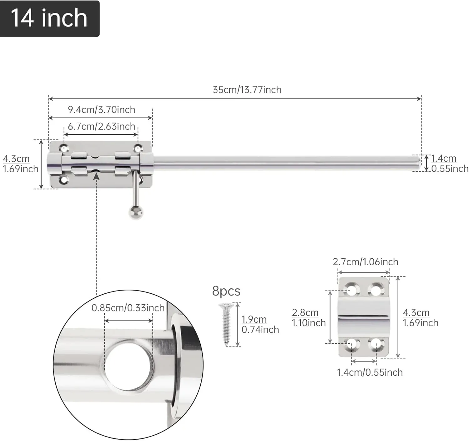 Barrel Bolt Door Latch 14 Inch 304 Stainless Steel Heavy Duty Slide Lock for Gate Barn Door with 8.5 mm Padlock Hole Silver โ image 2
