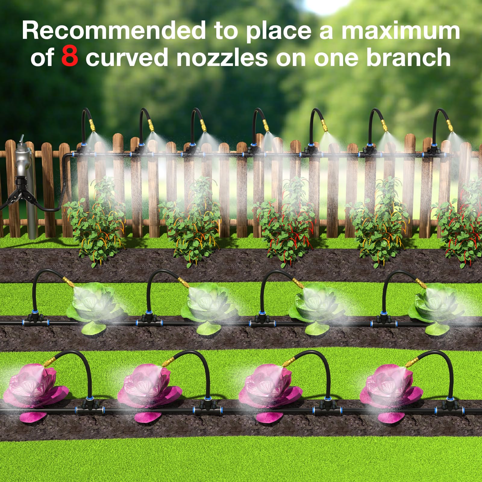 200Ft 1/4" Drip Irrigation System,Garden Irrigation Kit with 32pcs Adjustable Copper Nozzles,Automatic Atomizing Watering System for Outdoor Plants,Raised — image 5