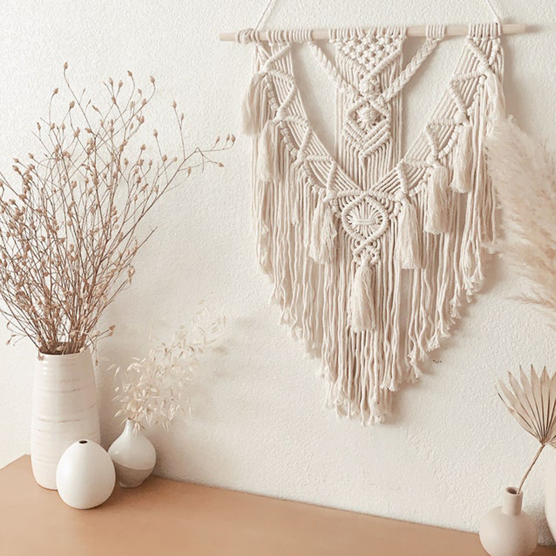 Boho Wall Hanging Decor, Geometric Woven Tapestry Chic Cotton Handmade Bohemian Art with Long Tassel, Craft Ornament — image 4