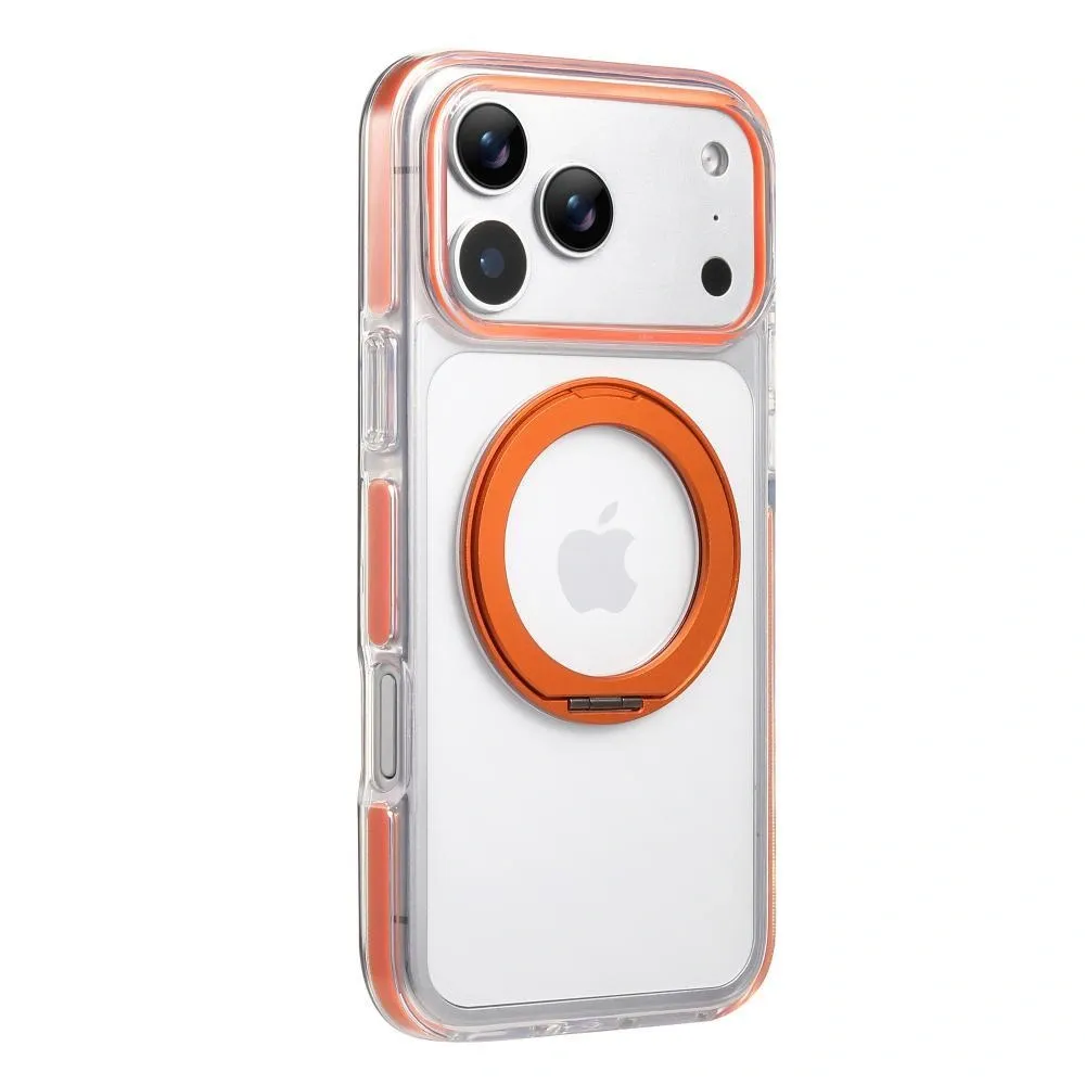 Clear MagSafe iPhone 17 Pro Case with 360° Rotating Ring Stand - Orange Edition