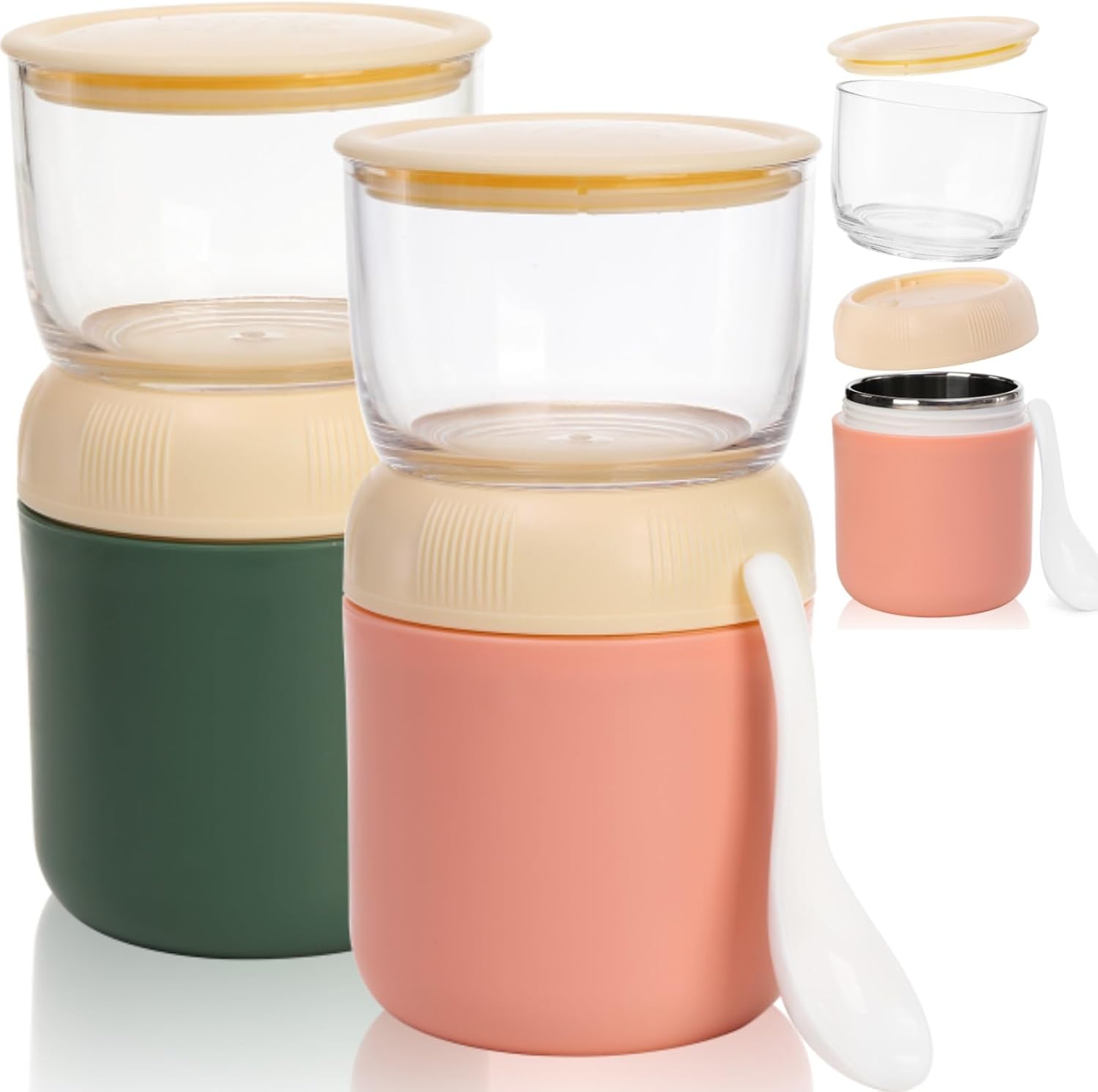 2 Pack Insulated Yogurt Container, 24oz Breakfast On the Go Cup with Plastic Topping Cereal Oatmeal Cup, 2-in-1 Food Storage Jar Lid and Spoon, Overnight Oats