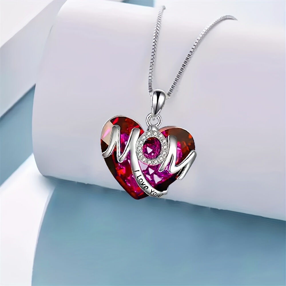 RED Exquisite Heart-shaped Blue Crystal "MOM" Pendant Necklace - Fashionable Women's Mother Necklace, Warm Family Love Jewelry, Romantic Mother's Day Gift — image 2