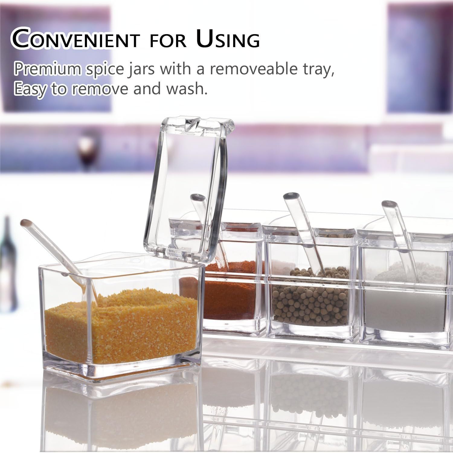 4 Piece Transparent Spice Box Set with Spoons and Non Slip Tray, 25 x 10 x 7.5 cm — image 3