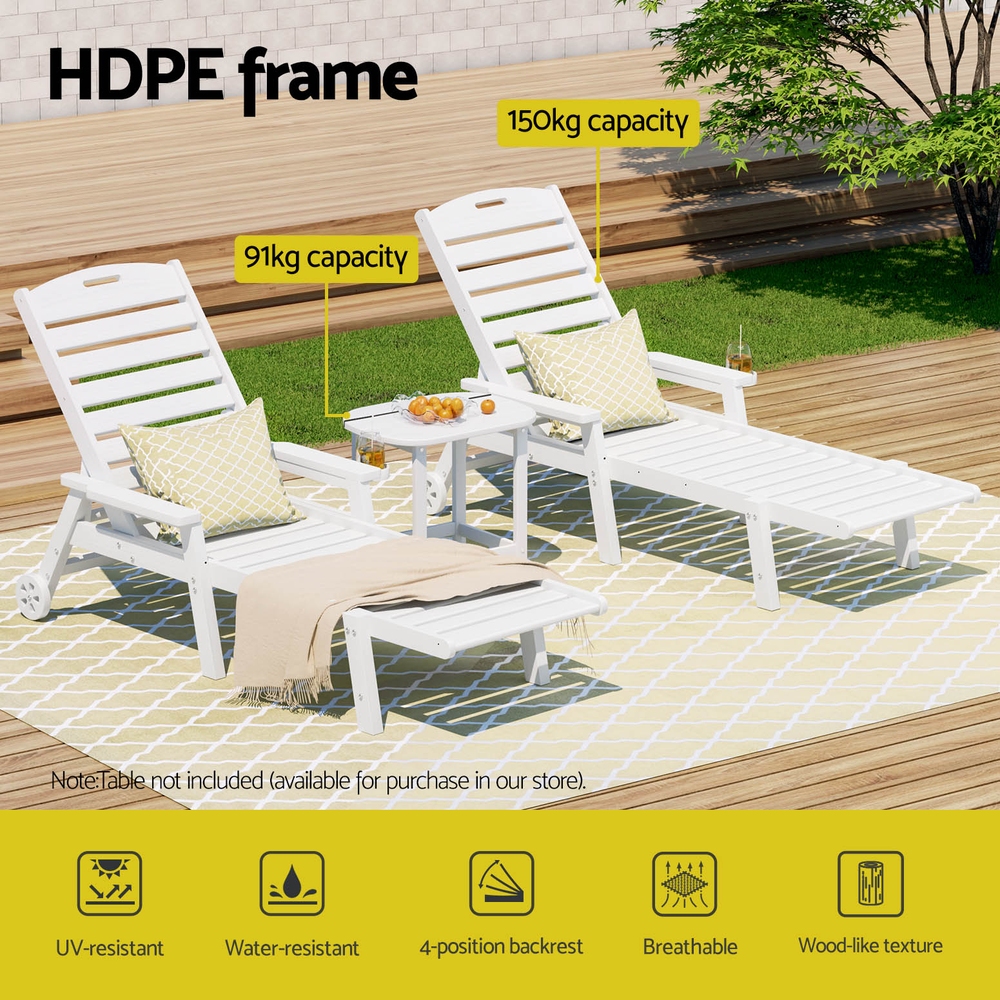 Gardeon Sun Lounge Lounger Beach Chair HDPE Patio Outdoor Furniture with Wheels White — image 4