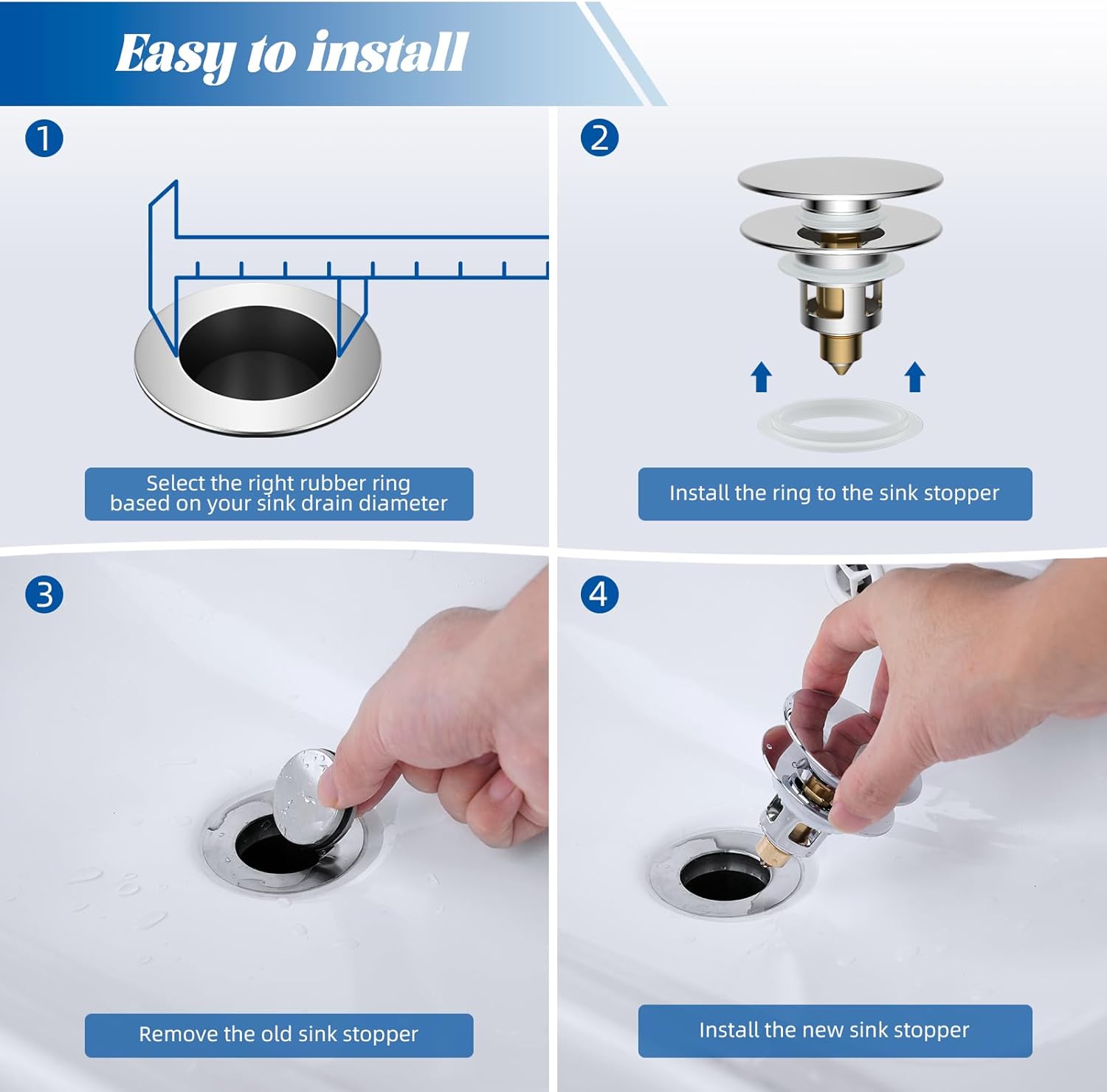 2 Pack All Metal Upgraded Bathroom Sink Stopper, Universal Pop Up Sink Drain Strainer, Brass Bullet Core Push Type Sink Stopper for 1''~2.3''' Basin, Anti β image 6