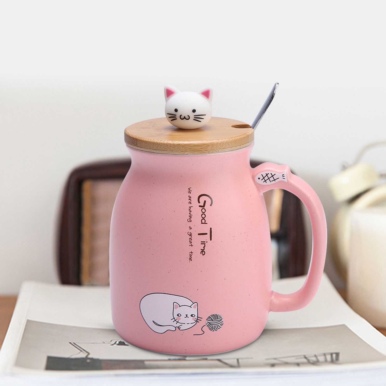 1Pc Lovely Cat Ceramic Cup with Spoon and Lid Coffee Water Milk Mug for Drinkware Gift(Pink) — image 5