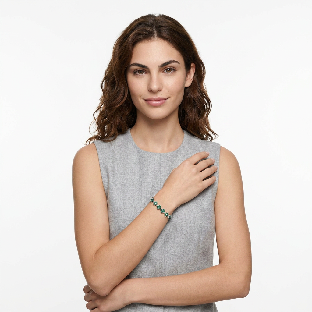 Silver and Green Four-Leaf Clover Zircon Bracelet - Gold-Tone Alloy Lucky Charm Wristband with Full Crystal Pave, 22cm Elegant Fashion Jewellery for Women — image 6
