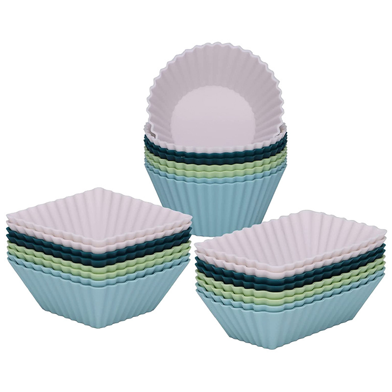 24 Pack Reusable Silicone Muffin Moulds, Round Square and Rectangle Baking Cups for Cupcakes and Desserts, Blue and White