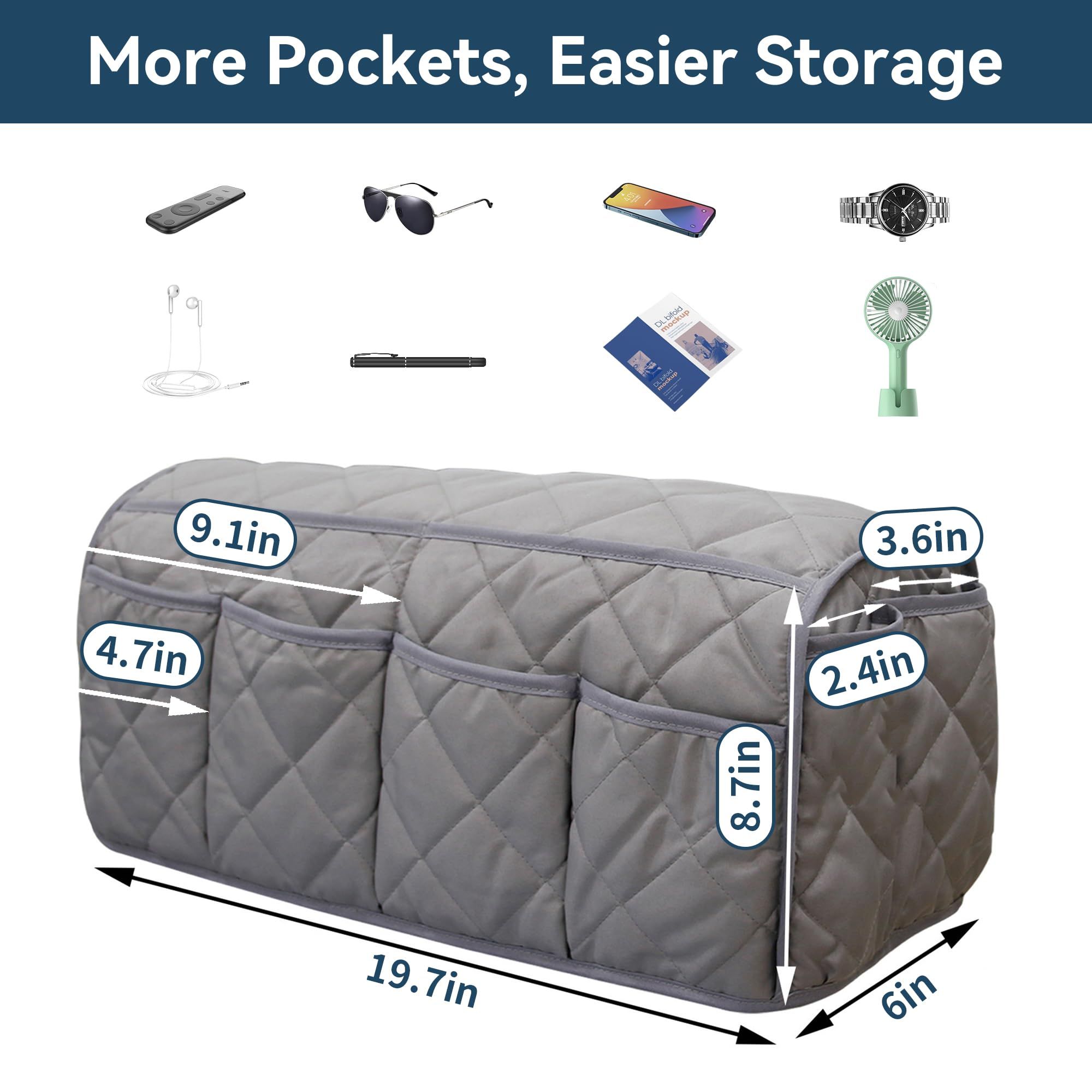 Waterproof Sofa Armrest Organizer, Non Slip Recliner Organizer, Remote Holder for Recline, Recliner with 14 Pockets Storage (Gray)