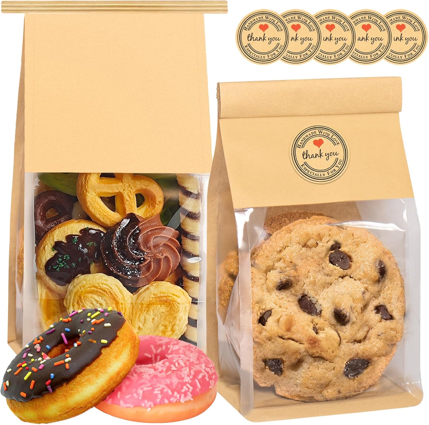 50 Pack Cookie Bags with Seal, 8.2x3.9x3.1 Inch Tin Tie Tab Lock Bakery Bags with Window Resealable Paper Packaging Bag for Muffin, Granola, Candies, Scone