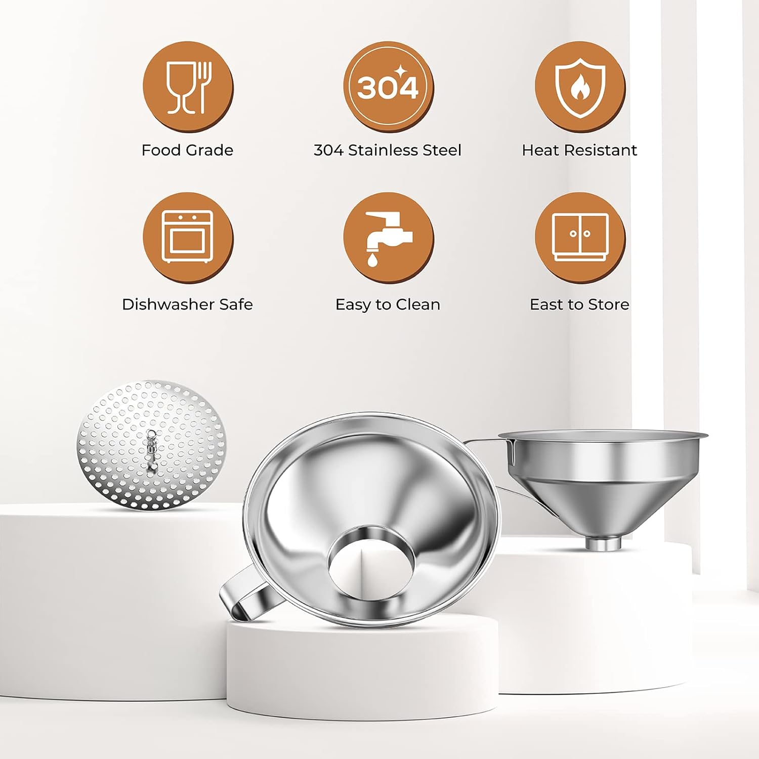 Canning Funnel for Wide Mouth and Regular Mason Jars, Stainless Steel Kitchen Use Funnels with Strainer for Filling Bottles, Metal Funnel Set for Oil Power Jam — image 6