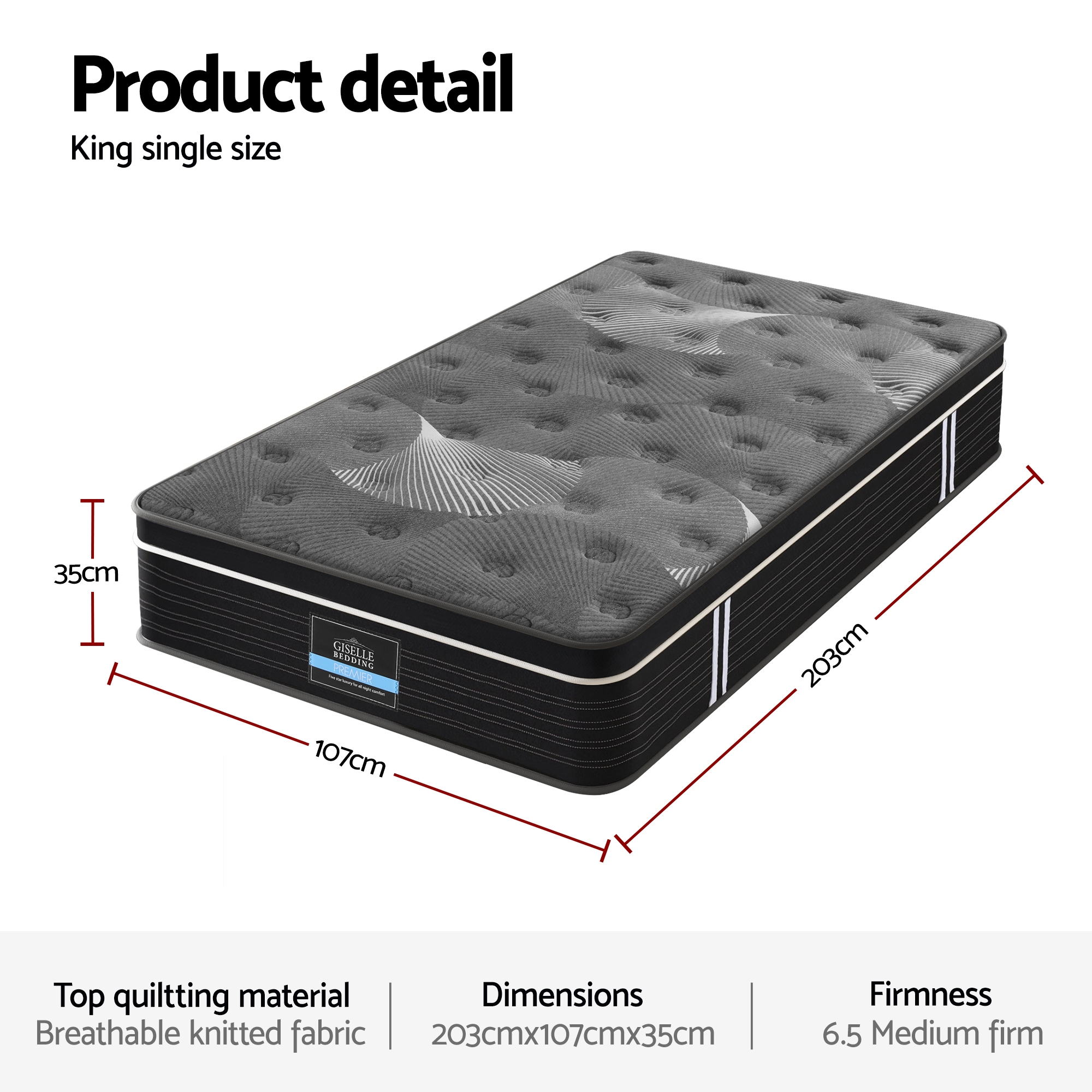 Giselle Bedding King Single Mattress 35cm Euro Top with Graphene Cooling Comfort Medium Firm โ image 3