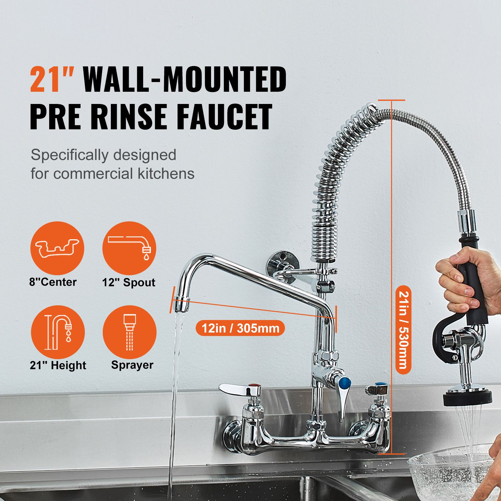 Commercial Faucet with Pre-Rinse Sprayer, 21" Height, 8" Center, 12" Swing Spout, Wall Mount Kitchen Sink Faucet, Brass Constructed Device with Pull Down โ image 2