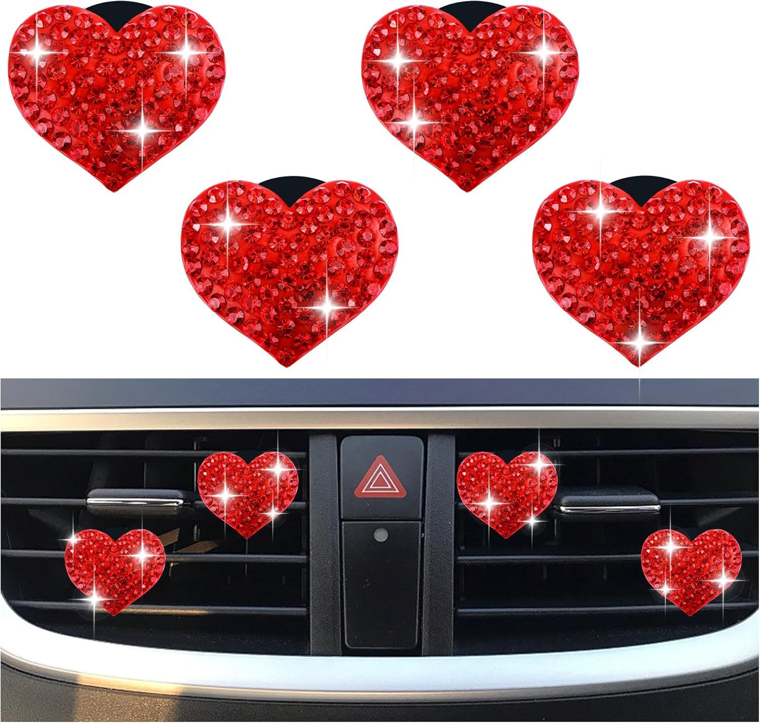 4PCS Heart-Shaped Car Vent Clips with Rhinestone,Bling Air Vent Clips Car Decorations,Premium Shiny Car Clips for Vents Accessories Interior (Red)