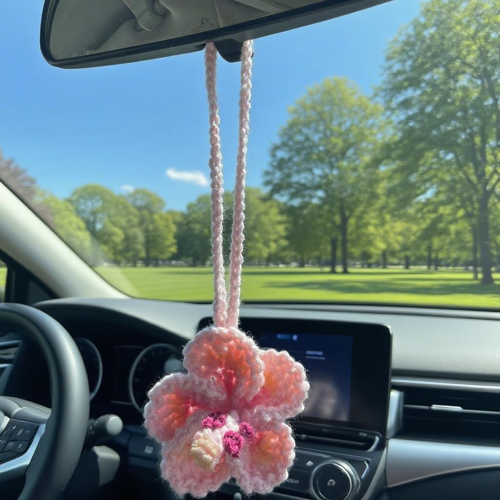 Hibiscus Car Ornaments, Crochet Hawaiian Tropical Flower Bag Charms Decoration Car Mirror Beach Accessories (Pink) — image 5