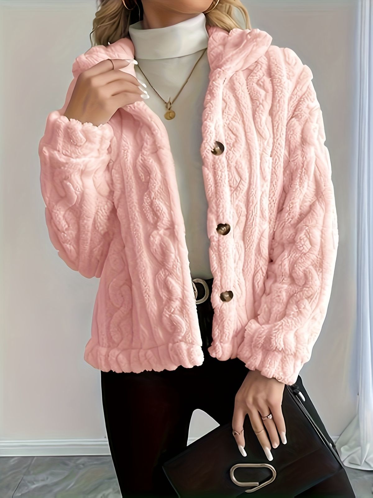 Double-Sided Fleece Coat Turn-Down Collar Button Coat Women'S Winter Outerwear - Black - Size M(AU M/EU48) โ image 4