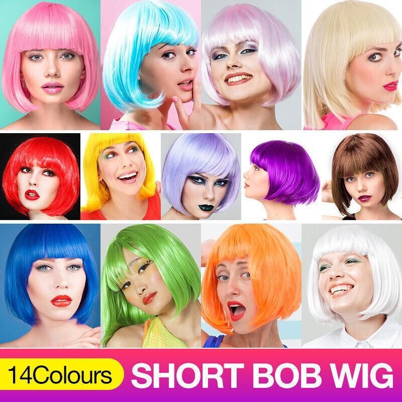 Short Bob Wig with Bangs for Women Synthetic Cosplay Party Hair in 14 Colours - Dark Blue — image 2