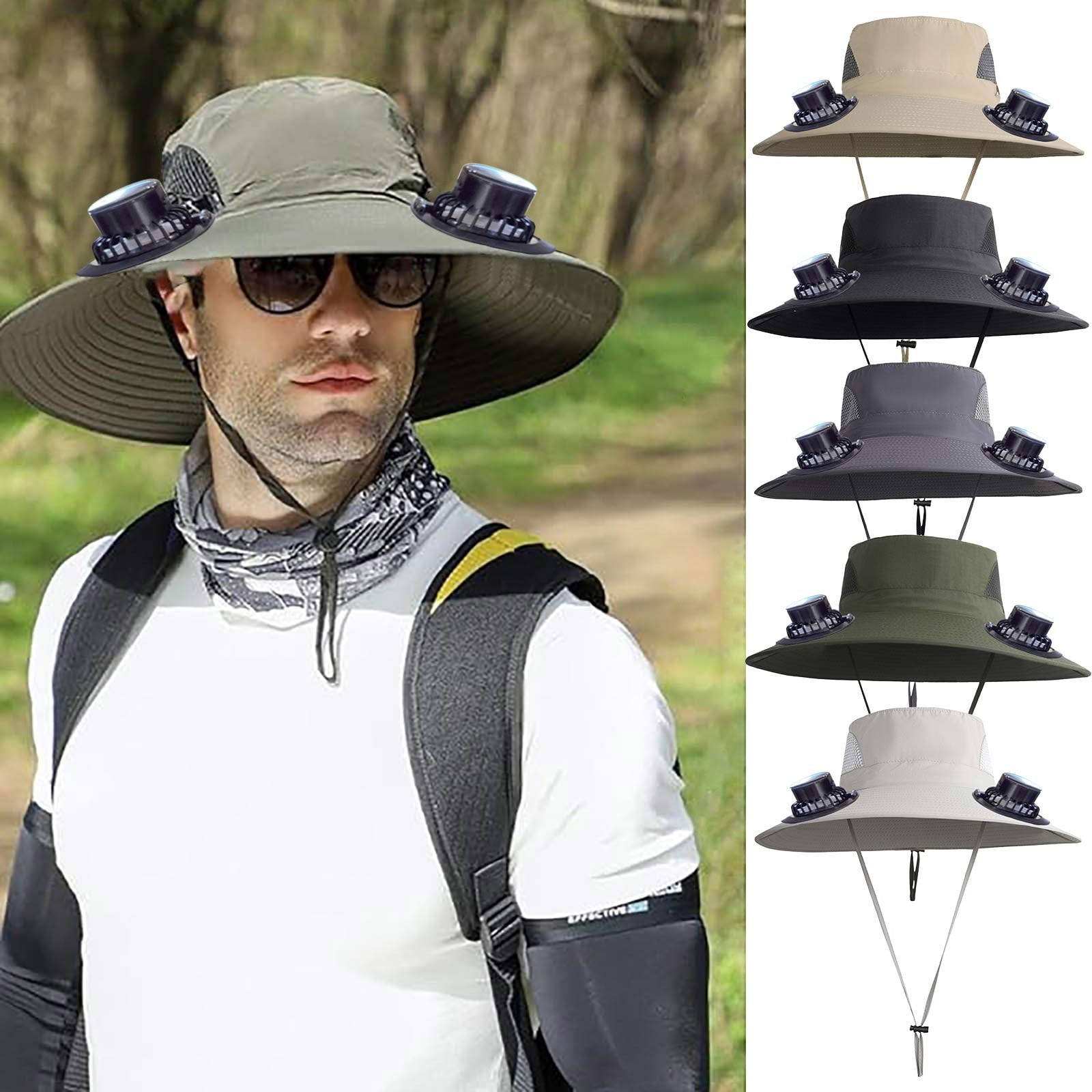 Wide Brim Solar Fan Hat with 2 Solar Fan, Fan Built in Hat with Fans Solar Power, Solar Powered Fan Hat for Outdoor Fishing Travel, 3 Speed Adjustable Fan Hat