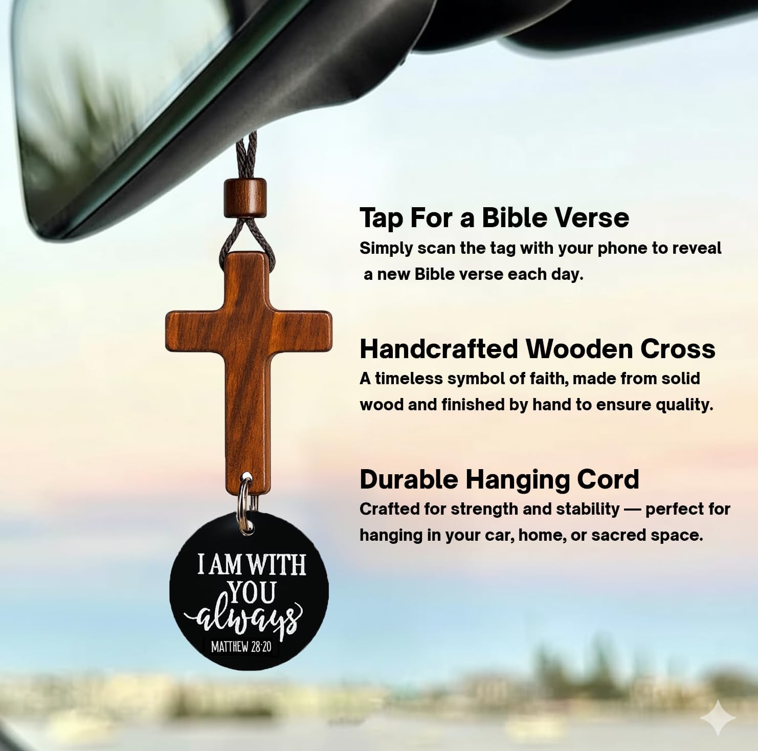 Daily Bible Verse Rearview Mirror Cross Ornament – Daily Scripture Car Hanging Cross with "I Am with You Always" Medallion (Black) — image 3