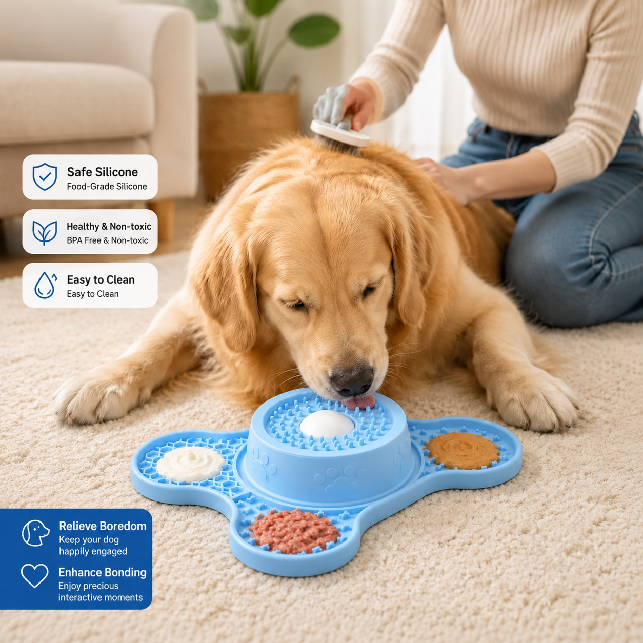 Keep your furry friend happily occupied with this 3-in-1 bone-shaped lick mat and slow feeder, featuring a textured rolling treat ball and multiple — image 3