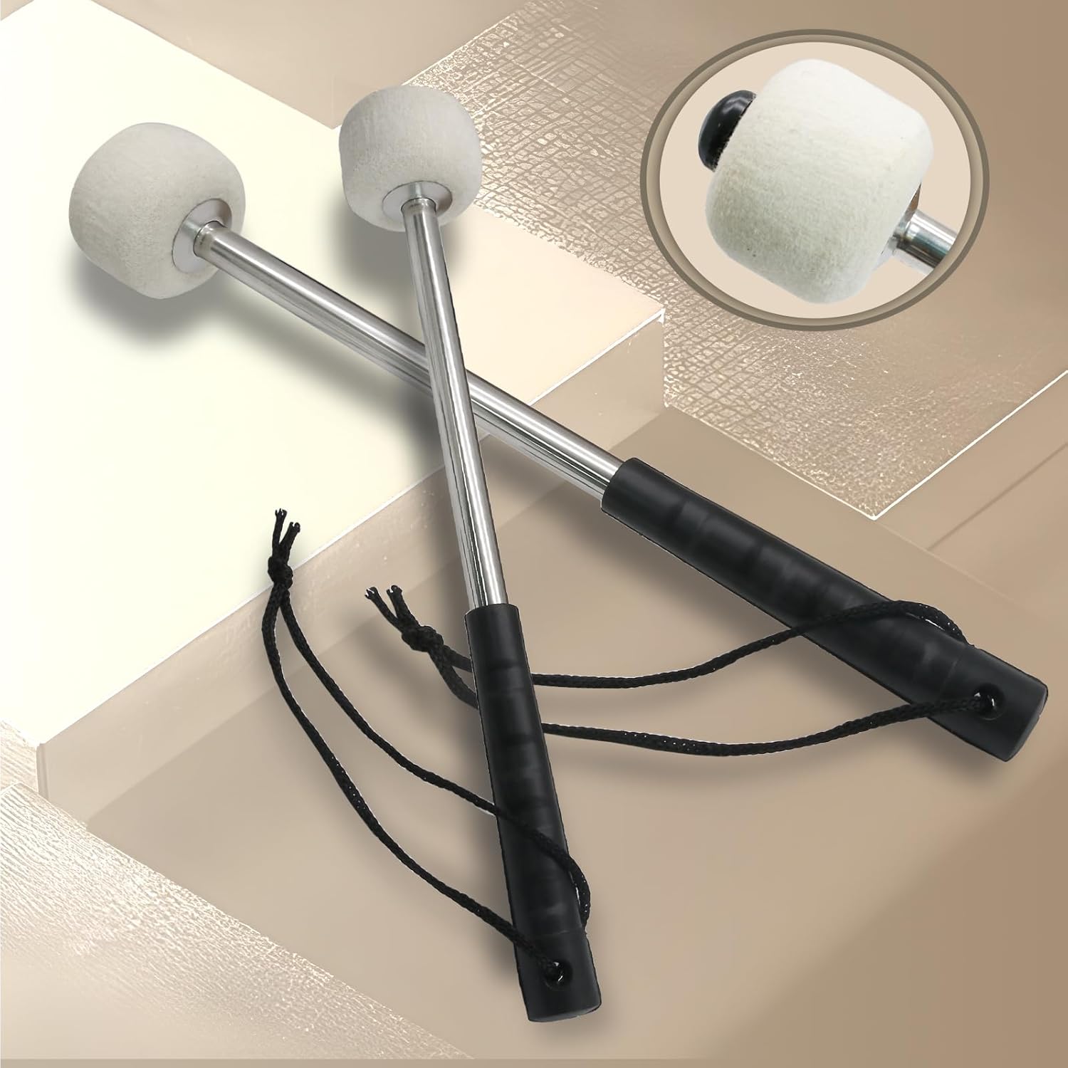 Biaungdo 2 Pack Drum Mallet, 32cm/12.6" Wool Felt Drum Stick, Bass Drum Mallet Drum Stick, Anti-slip Bass Percussion Sticks with Stainless Steel Handle, Beige โ image 4
