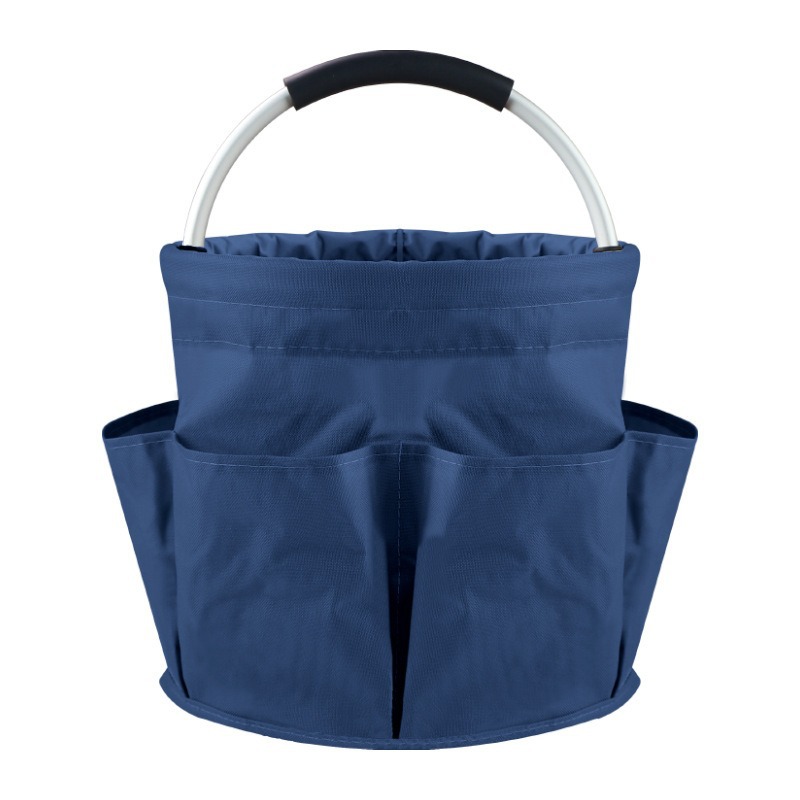 Blue Foldable Oxford Cloth Round Picnic Basket with Padded Metal Handle - 6 Pocket Large Capacity Storage Tote for Outdoor Beach and Shopping
