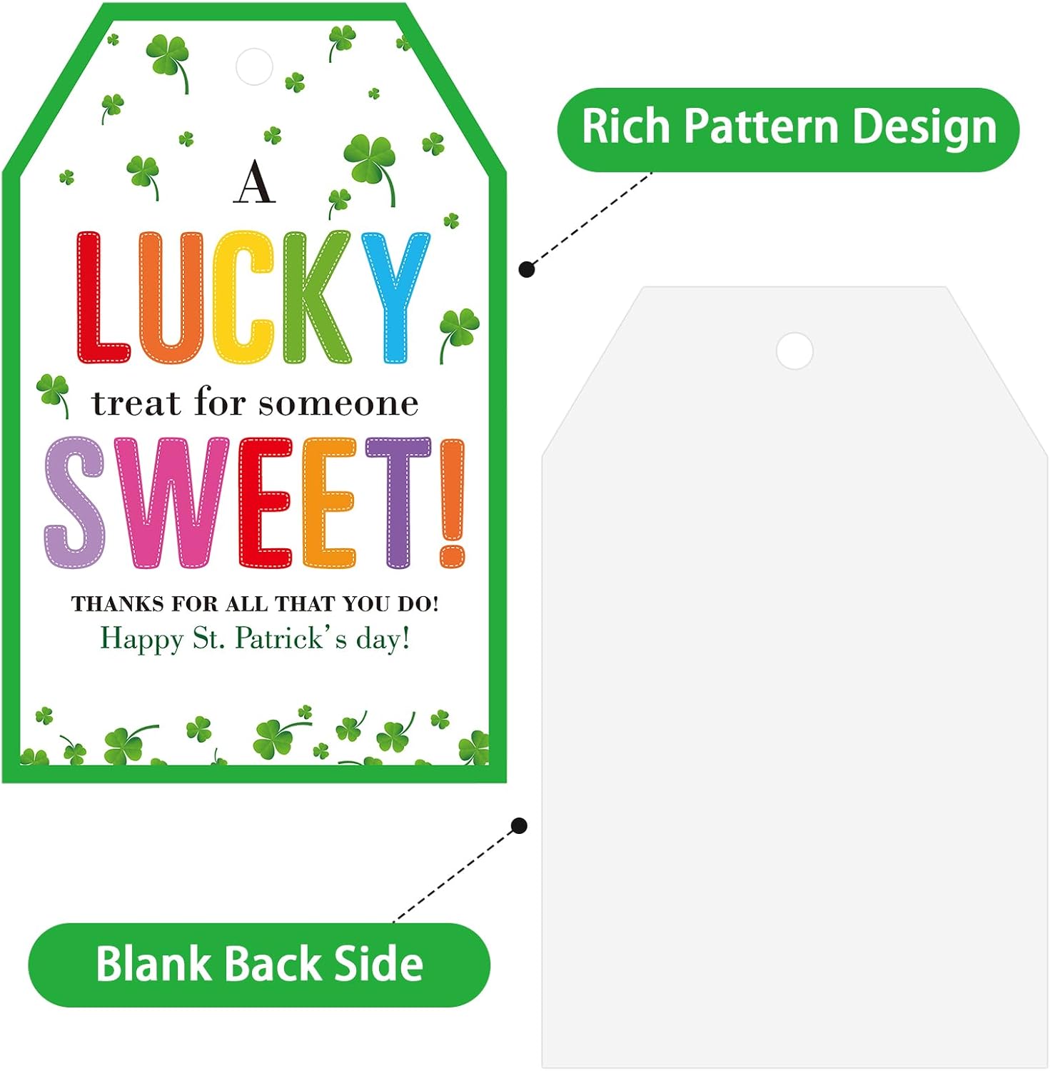 St. Patrick's Day Tags - 50Pcs Happy St. Patrick's Day Gift Tags with String Irish Shamrock Lucky Clover Hang Paper Tag Thanks for All You Do Tag A Lucky Treat — image 2