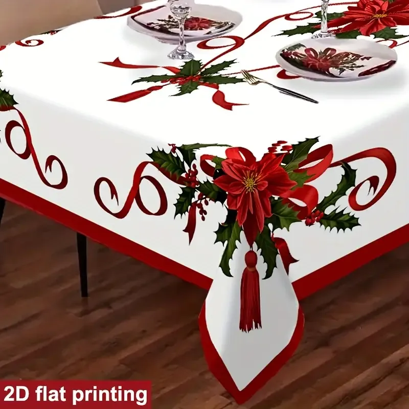 Polyester Christmas Tablecloth, Red and Green Floral Vintage Print Holiday Decoration(140*240CM/55*94.49IN) — image 3