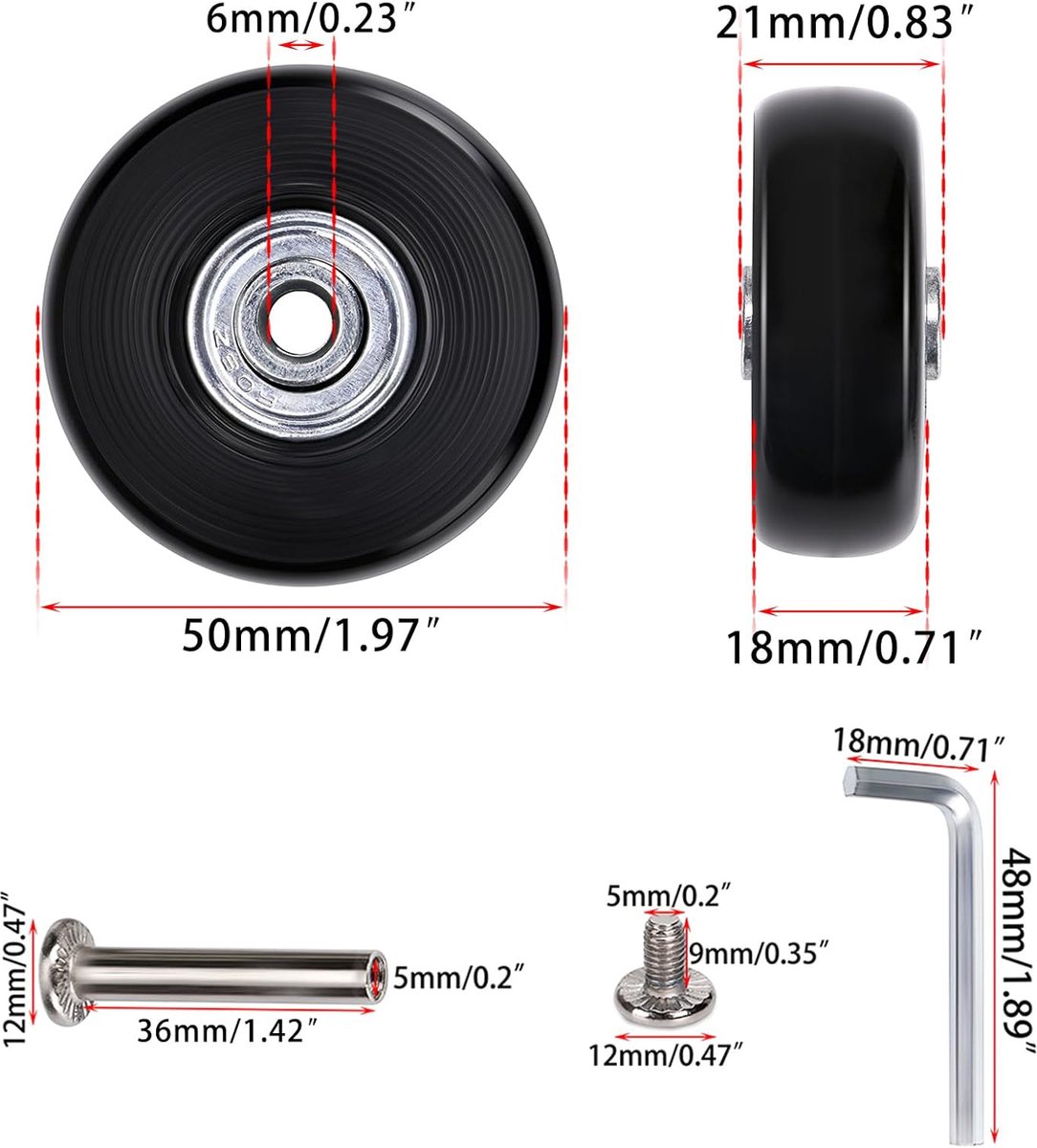 Set of 2 - Suitcase wheels - Replacement wheels for suitcases - Rubber casters - Bearings - Repair kits - 50mm x 18mm - Spare wheels - Suitcase - Casters โ image 3