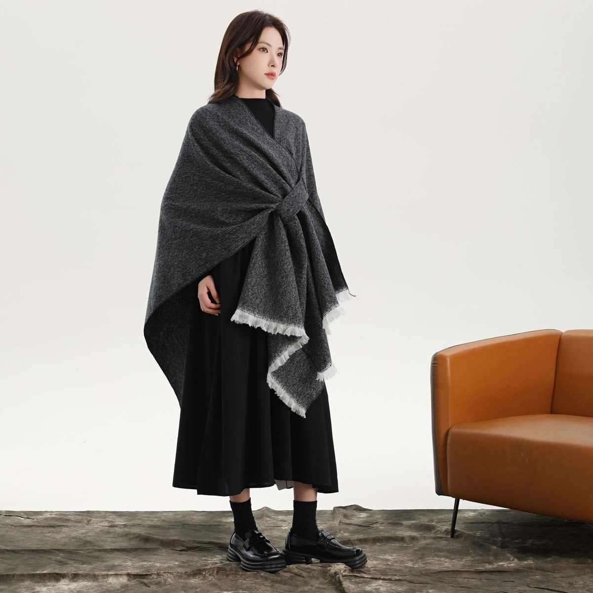Black and White Elegant Soft Knit Poncho Cape - Warm Autumn Winter Shawl Wrap with Side Tie, Thick & Luxurious Feel — image 3