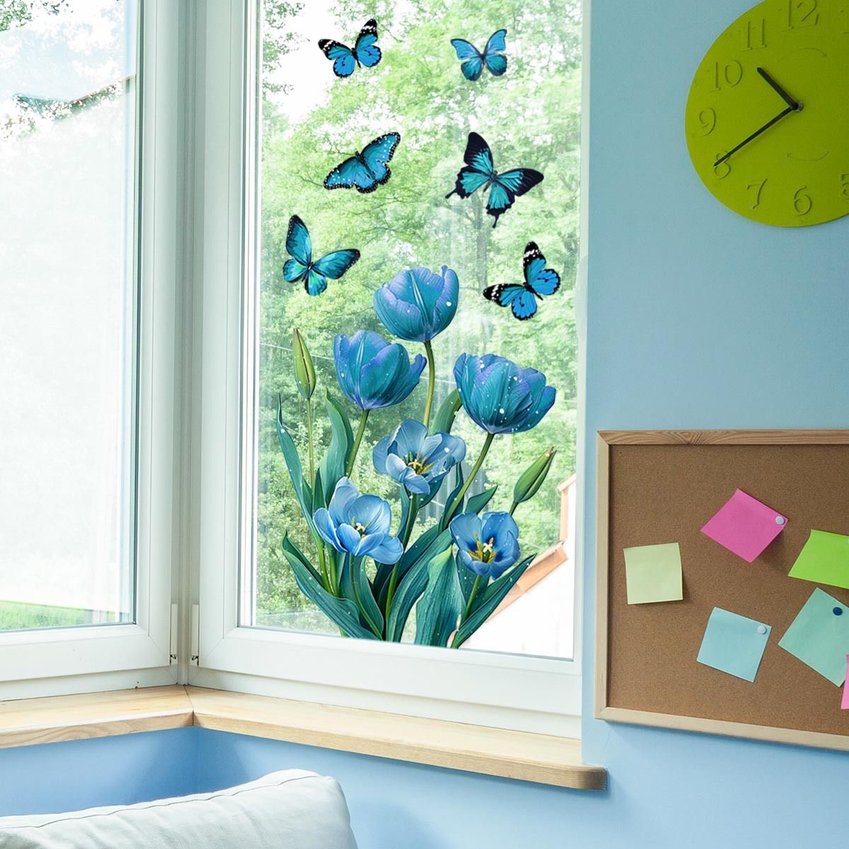 Spring Summer Window Cling Sticker,Blue Tulip Butterfly Flower Window Decal for Home Party Supplies Shop Window Glass Display