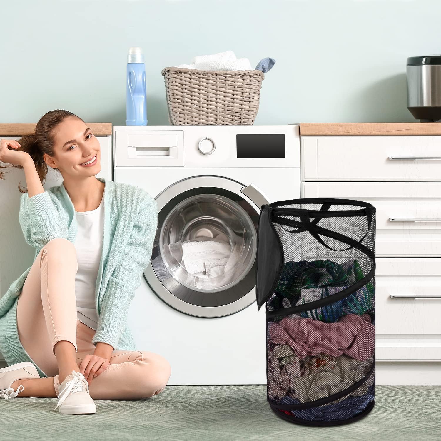Large Collapsible Laundry Basket with Lid Foldable Mesh Pop Up Hamper with Handles for Laundry Room, Bathroom, Kids Room, College Dorm, Travel, Storage — image 6