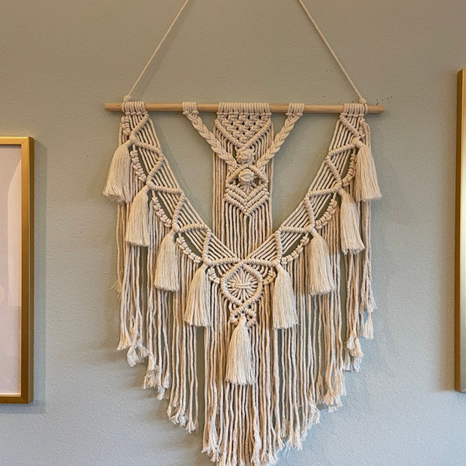 Boho Wall Hanging Decor, Geometric Woven Tapestry Chic Cotton Handmade Bohemian Art with Long Tassel, Craft Ornament — image 5