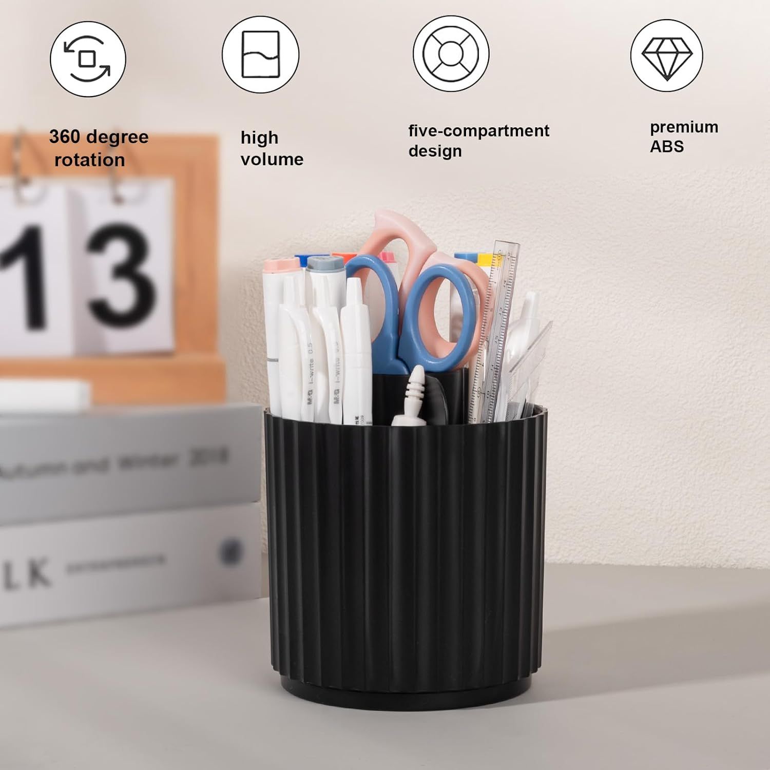 Makeup Brush Holder Organizer 360°Rotating Make Up Brushes Container for Vanity, Spinning Cosmetics Storage Cup, Stripe Black — image 5