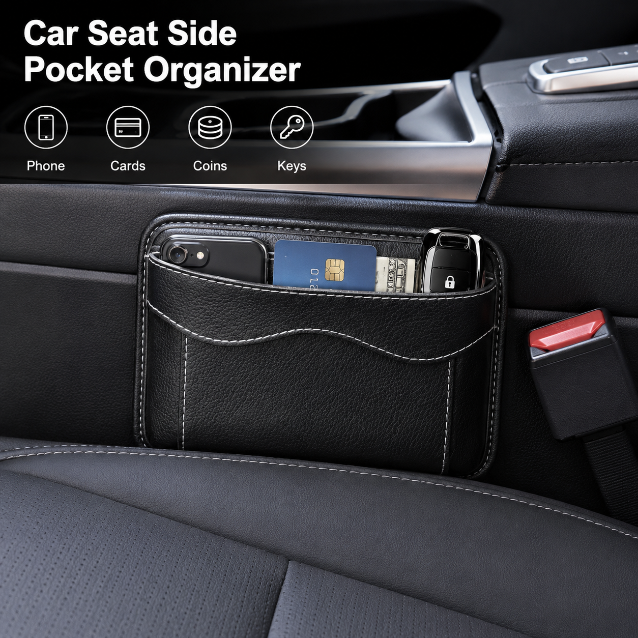 Car Seat Side Pocket Organizer, PU Leather Mini Vehicle Phone Holder Storage Bag, Automotive Interior Tray Pouch Seat Gap Filler Accessories, Universal for SUV