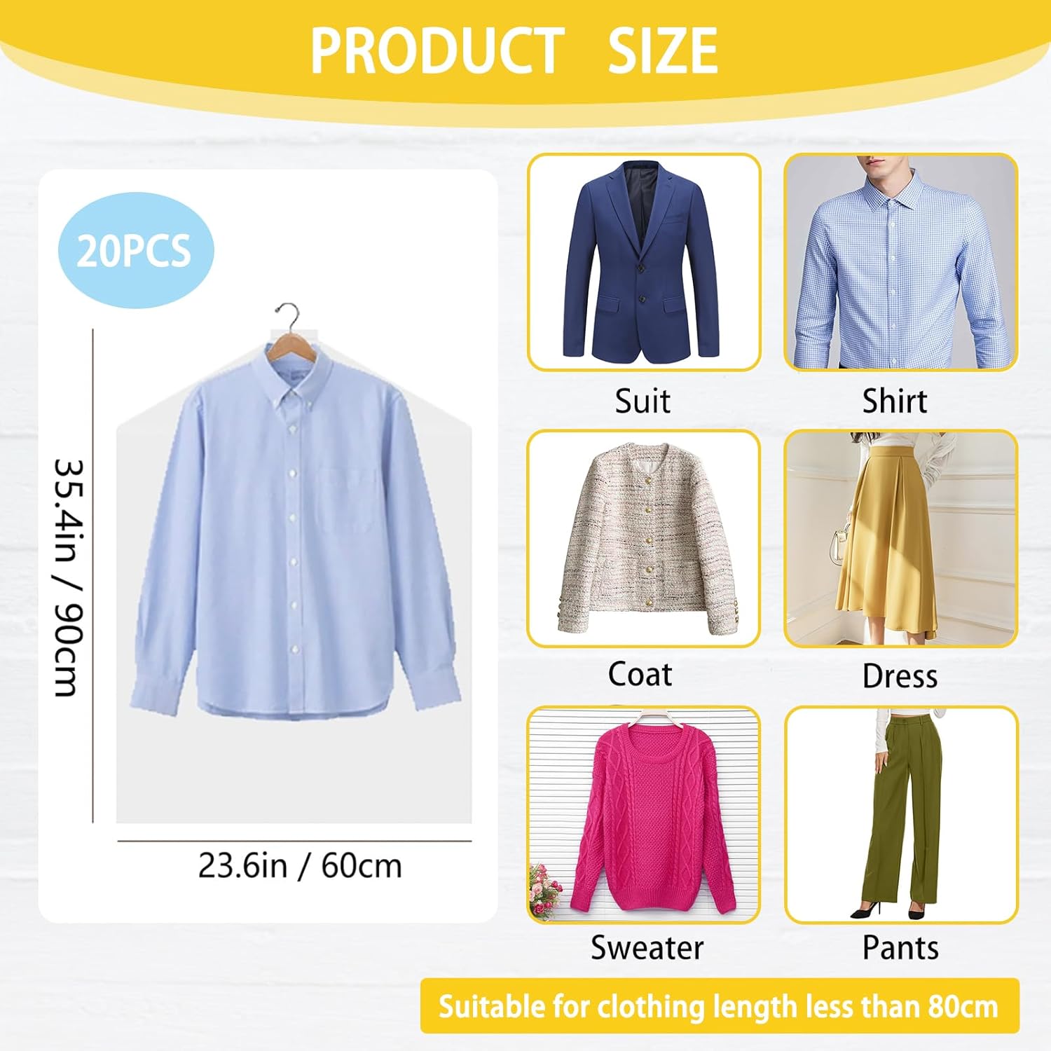 20Pcs Plastic Garment Bags for Hanging Clothes, 35 Inch Clear Dry Cleaner Bags Dustproof Suit Cover Clothes Storage Bag for Skirt Coat Shirt Jacket (60 × 90cm) — image 2