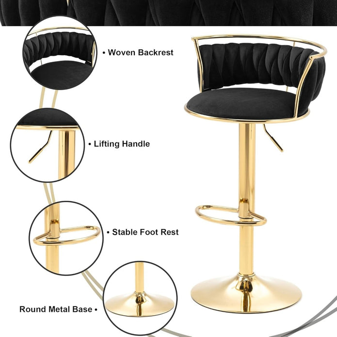 SERENITà Golden Swivel Upholstered Velvet Adjustable Height Counter Stool with Metal Frame Black (Set of 2) — image 5
