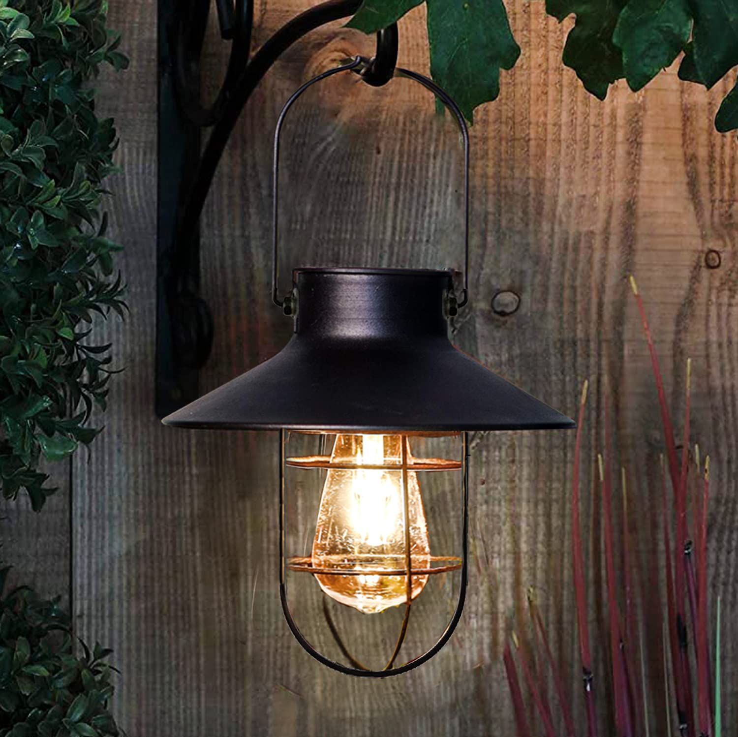 Black Hanging Solar Lights Lantern Lamp with Shepherd Hook,Waterproof Bulb Lights for Garden Outdoor Pathway — image 3