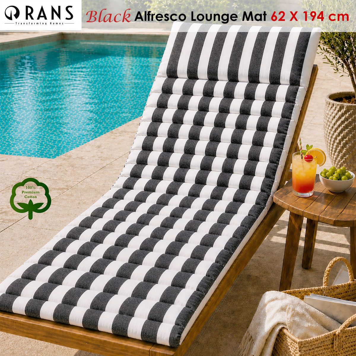 Rans Black Alfresco Cotton Outdoor Indoor Lounge Mat 62 × 194 cm — image 3
