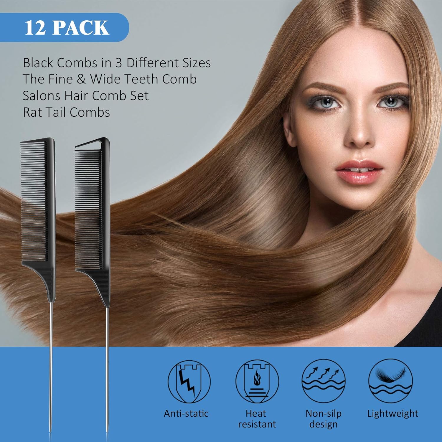 12 Pieces Rat Tail Comb Carbon Fiber Parting Set, Stainless Steel Tail Hair Comb Heat Resistant Teasing for Braid Hair Salon Home Use โ image 4